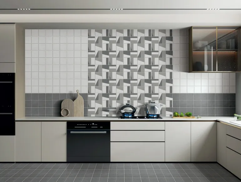 Stylish Grey Kitchen Design with grey and white titles and oven